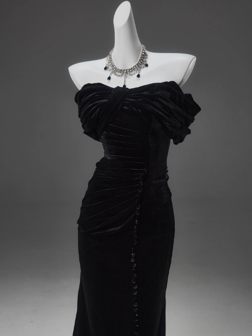 Black Mermaid Off-The-Shoulder Velvet Long Prom Dress, Elegant Evening Dress