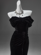 Black Mermaid Off-The-Shoulder Velvet Long Prom Dress, Elegant Evening Dress