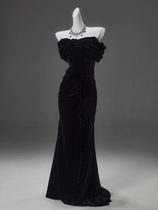Black Mermaid Off-The-Shoulder Velvet Long Prom Dress, Elegant Evening Dress Main image