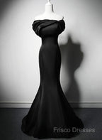 Black Mermaid Satin Off Shoulder Formal Dress, Black Satin Formal Prom Dress