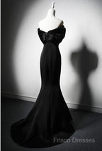 Black Mermaid Satin Off Shoulder Formal Dress, Black Satin Formal Prom Dress