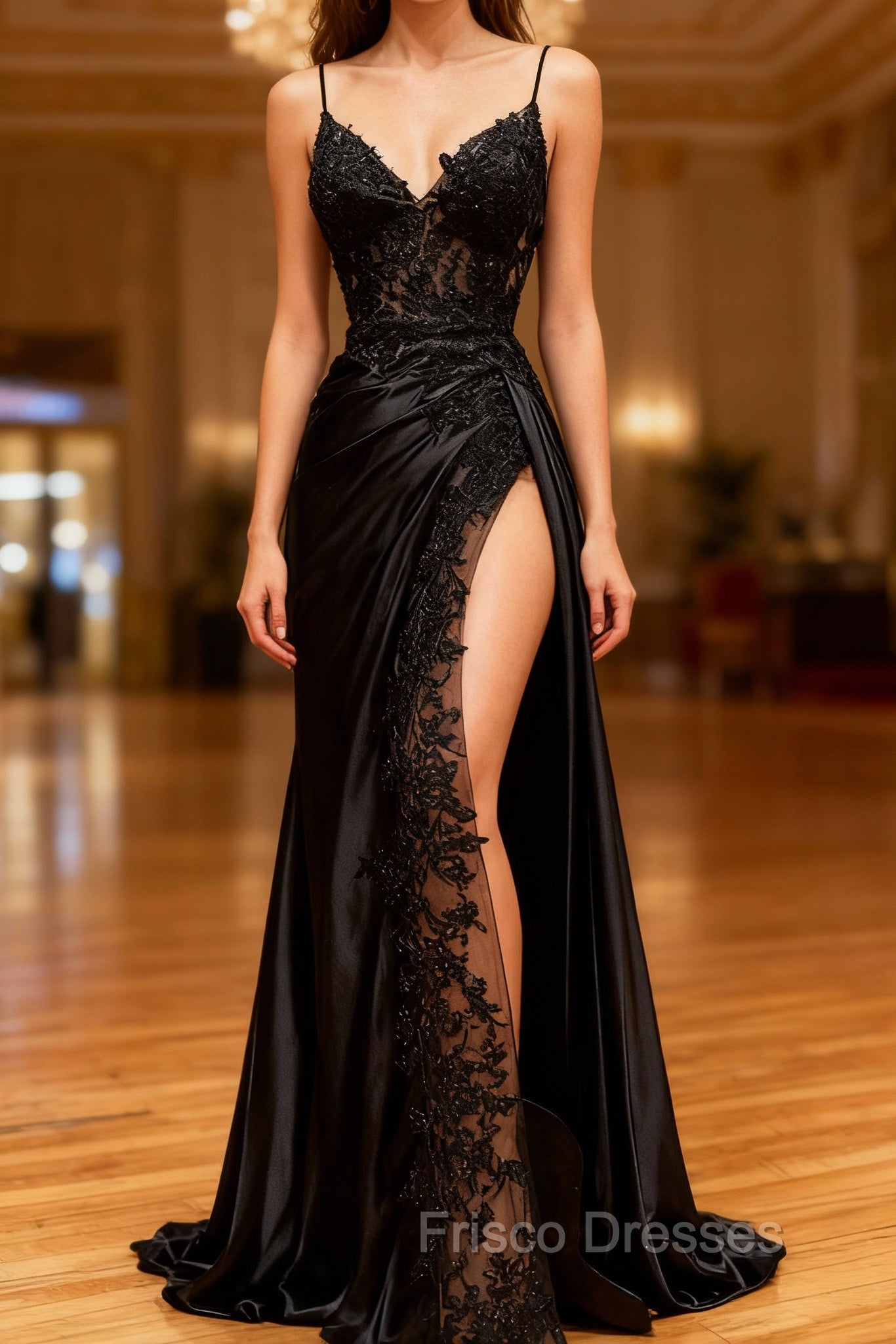 Black Mermaid Satin Spaghetti Sraps Formal Prom Dress Main image