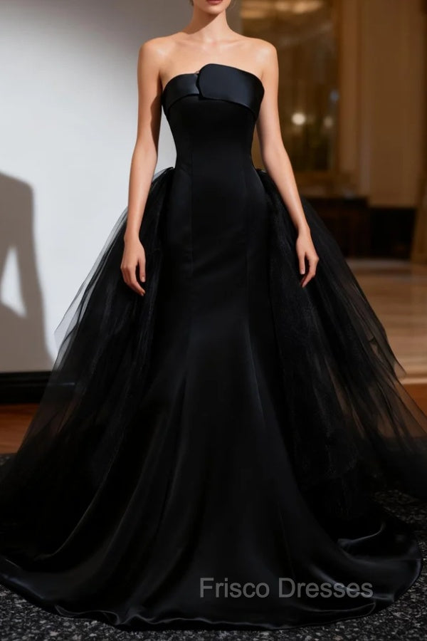 Black Mermaid Satin Tulle Strapless Formal Prom Dress Main image