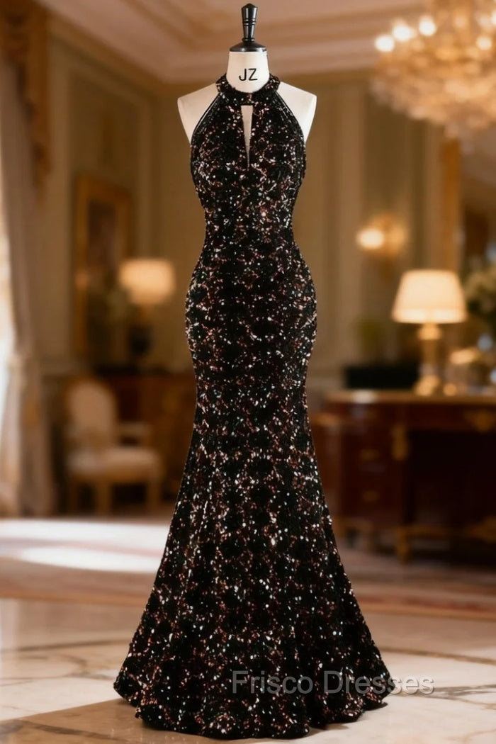 Black Mermaid Sequins Halter Beading Formal Prom Dress