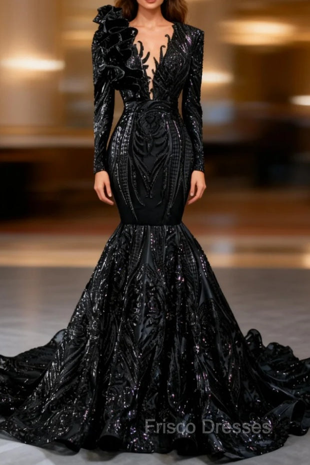 Black Mermaid Sequins Long Sleeve Ruffls Long Formal Prom Dress Main image