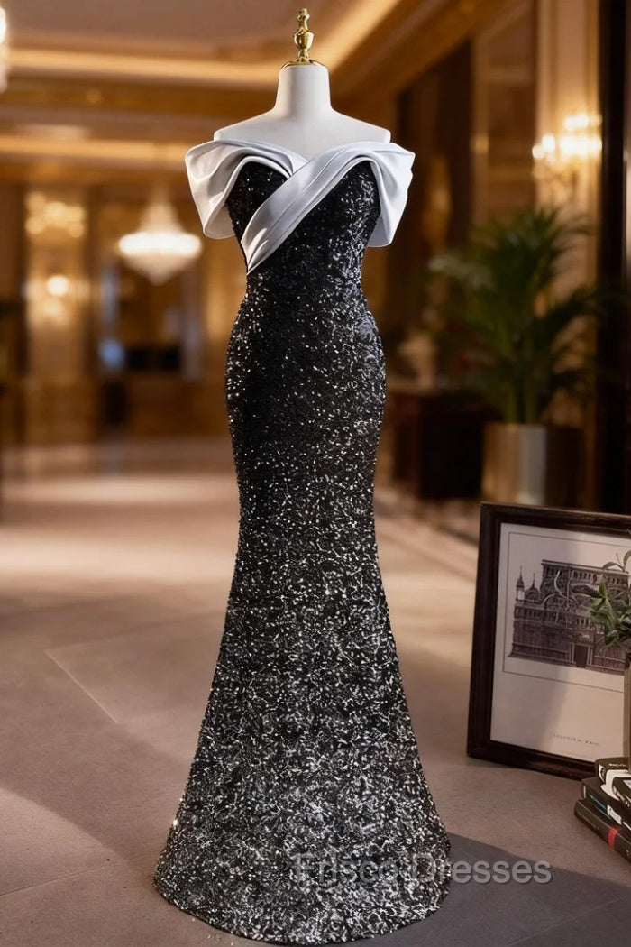 Black Mermaid Sequins Off the Shoulder Formal Prom Dress Main image