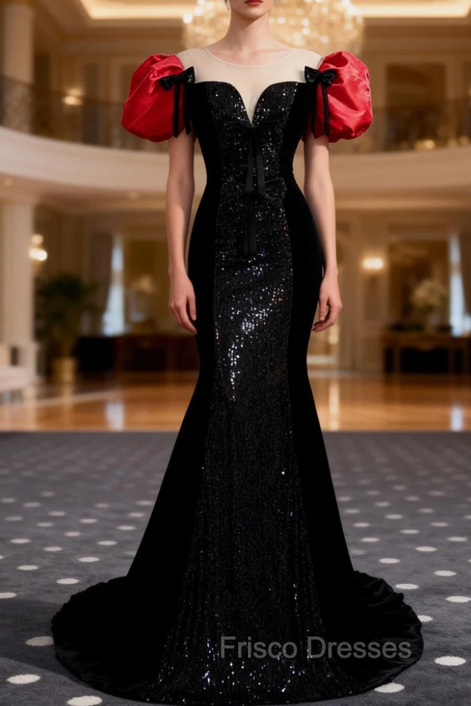 Black Mermaid Sequins Puff Sleeve Formal Prom Dress Main image