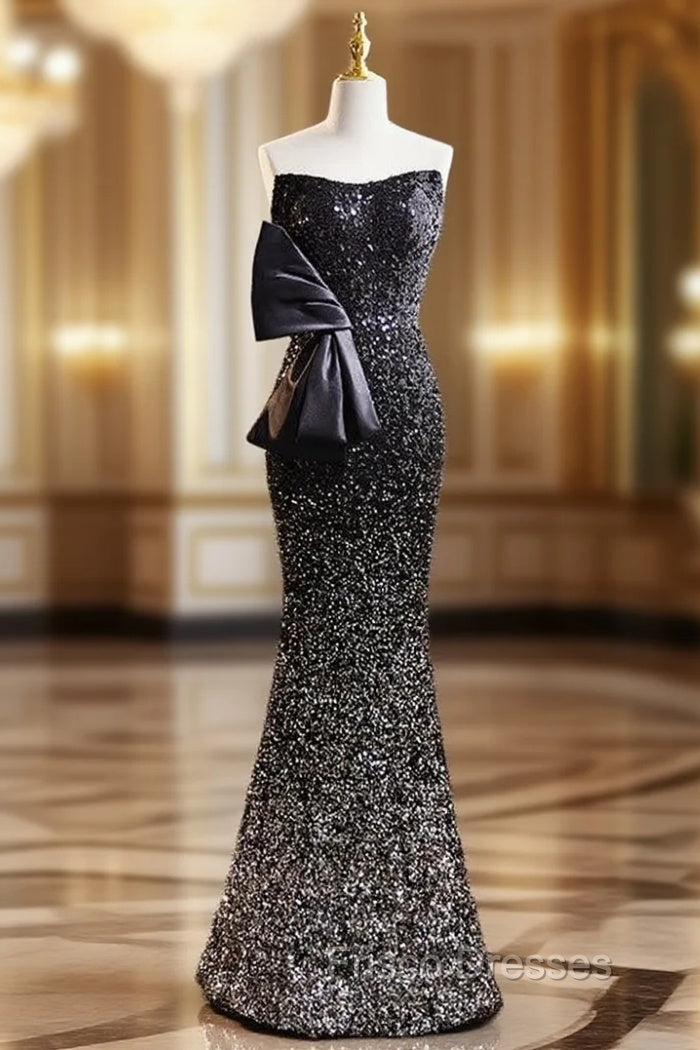 Black Mermaid Sequins Strapless Formal Prom Dress