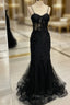 Black Mermaid Spaghetti Straps Flower Formal Prom Dress