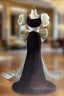 Black Mermaid Square Puff Sleeve Bow Formal Prom Dress