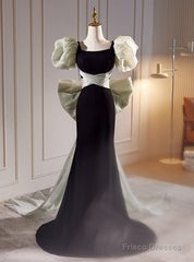 Black Mermaid Square Puff Sleeve Bow Prom Dress