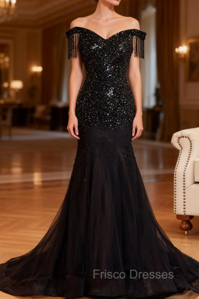 Black Mermaid Tulle Off the Shoulder Beading Formal Prom Dress