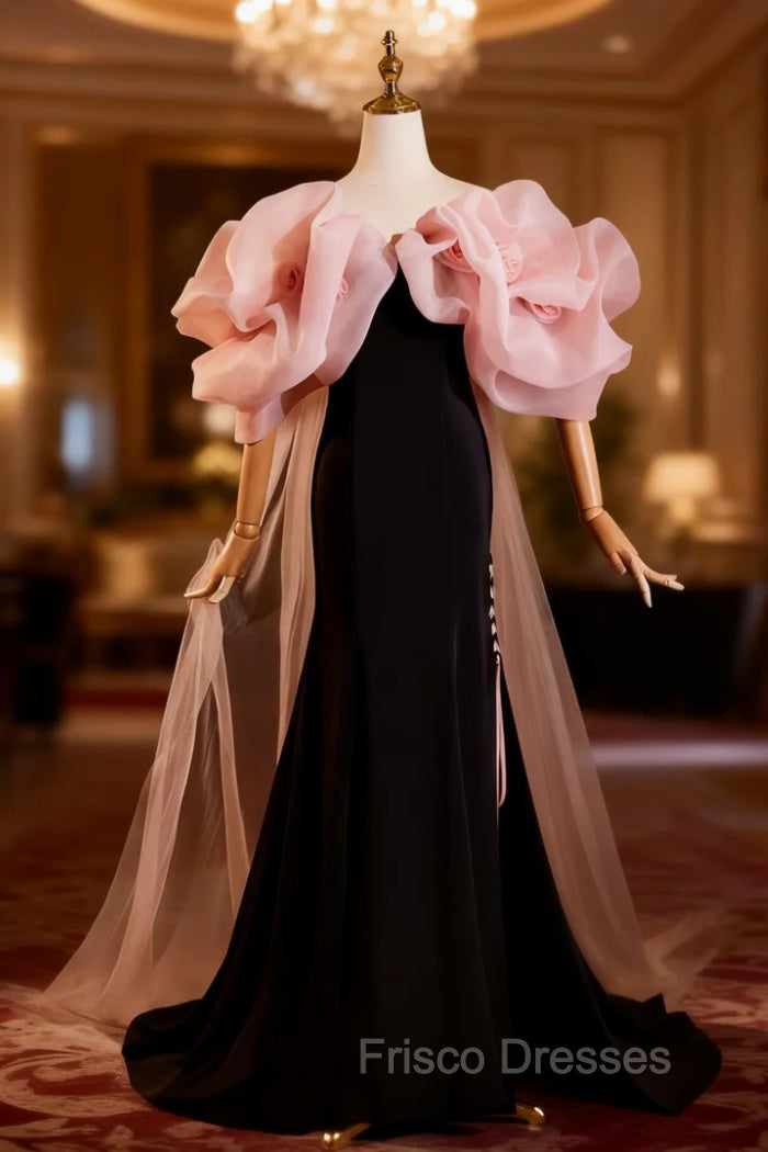 Black Mermaid Velvet Pink Flower Formal Prom Dress
