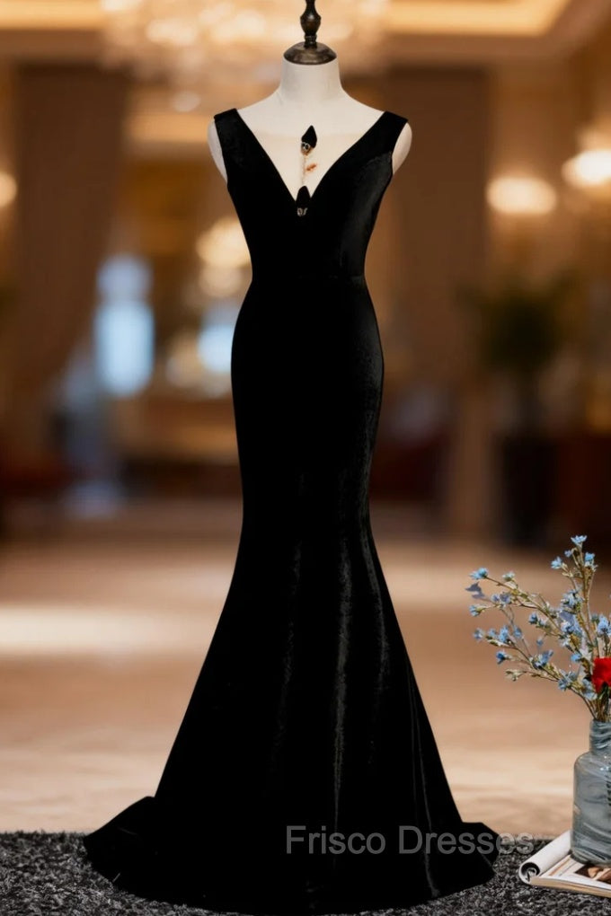 Black Mermaid Velvet See Through V-neck Formal Prom Dress