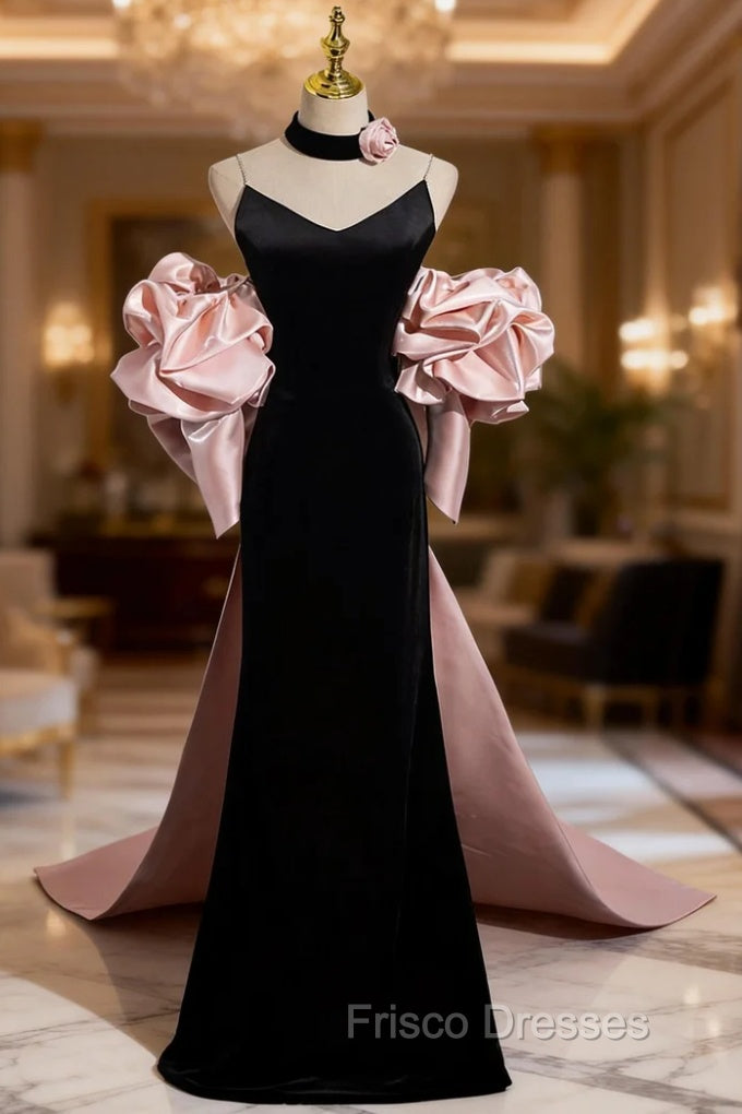 Black Mermaid Velvet Spaghetti Straps Pink Flower Formal Prom Dress Main image