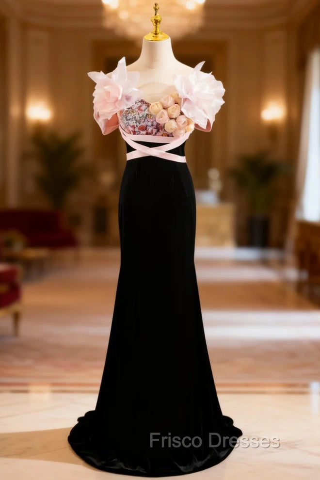 Black Mermaid Velvet Strapless Flower Formal Prom Dress