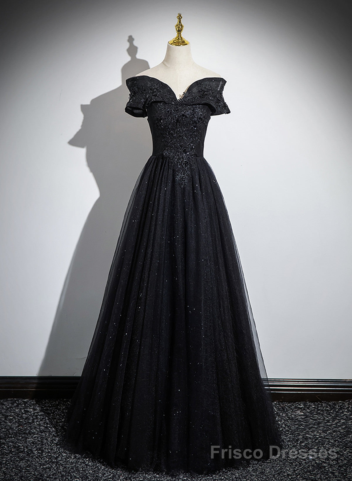 Black Off Shoulder A-Line Tulle With Lace Party Dress, Black Long Prom Dress Main image