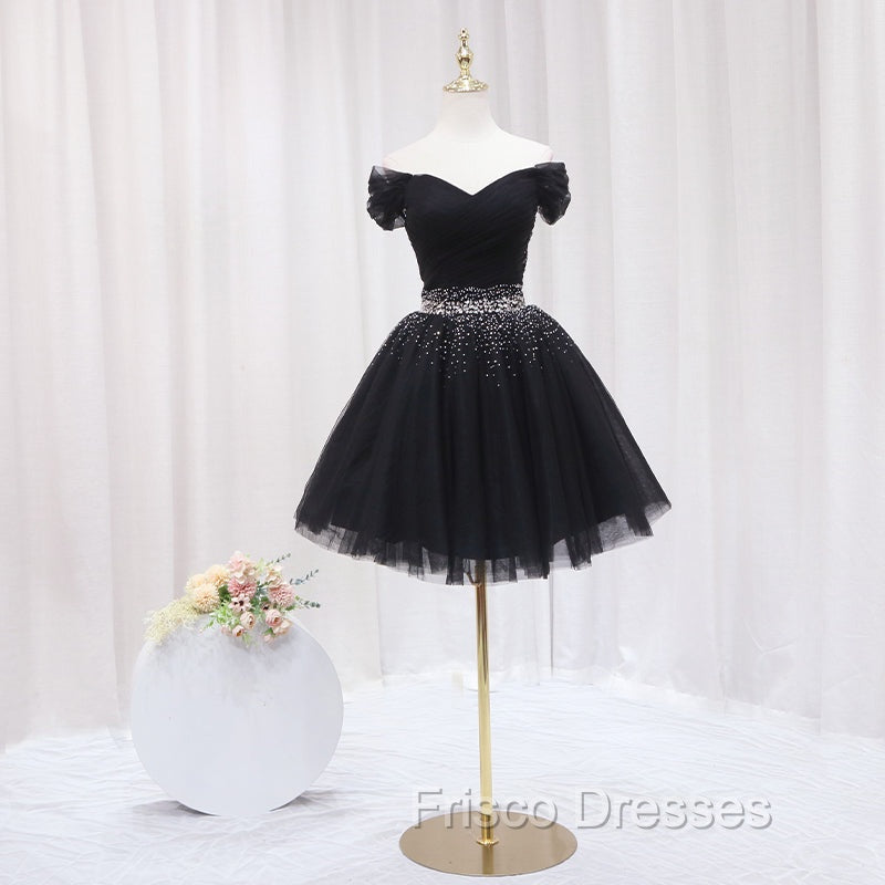 Black Off Shoulder Beaded Tulle Short Formal Prom Dress, Black Homecoming Dress Formal Dress Secondary image