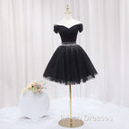 Black Off Shoulder Beaded Tulle Short Formal Prom Dress, Black Homecoming Dress Formal Dress