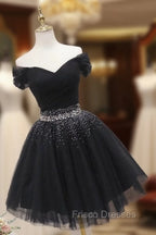 Black Off Shoulder Beaded Tulle Short Formal Prom Dress, Black Homecoming Dress Formal Dress