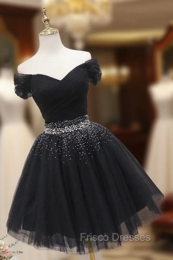 Black Off Shoulder Beaded Tulle Short Formal Prom Dress, Black Homecoming Dress Formal Dress