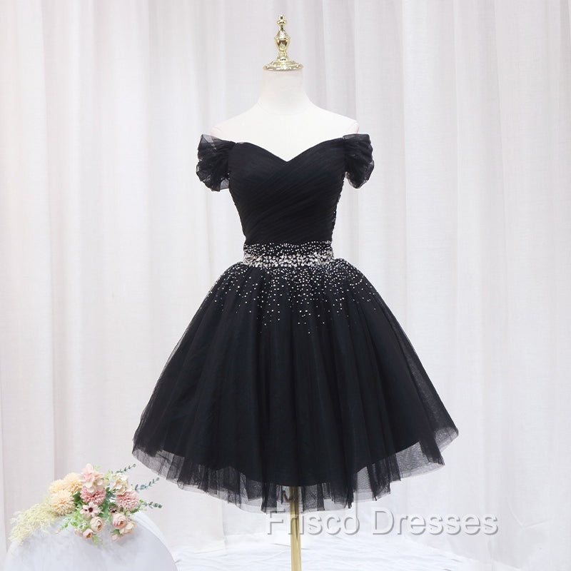 Black Off Shoulder Beaded Tulle Short Formal Prom Dress, Black Homecoming Dress Formal Dress