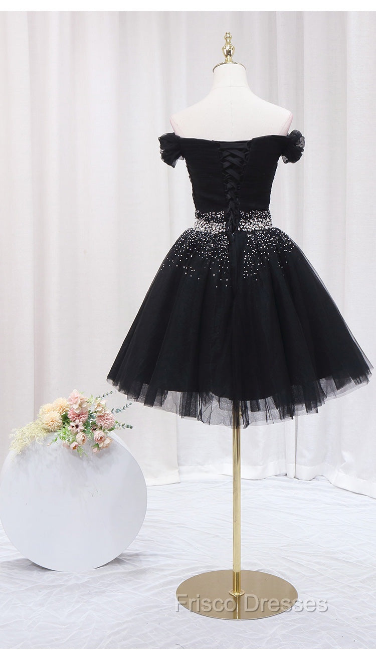Black Off Shoulder Beaded Tulle Short Formal Prom Dress, Black Homecoming Dress Formal Dress