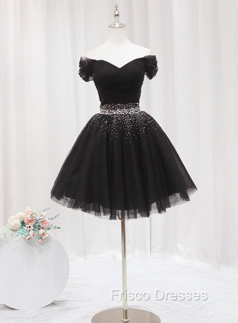 Black Off Shoulder Beaded Tulle Short Formal Prom Dress, Black Homecoming Dress Formal Dress Main image