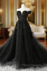Black Off Shoulder Formal Dress with Lace, Black Tulle Off Shoulder Formal Prom Dress