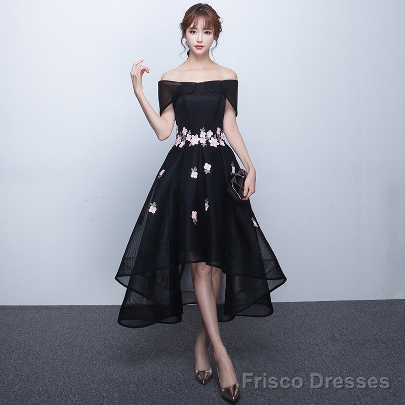 Black Off Shoulder High Low Party Dresses With Flower Lace, Black Short Homecoming Dresses Secondary image