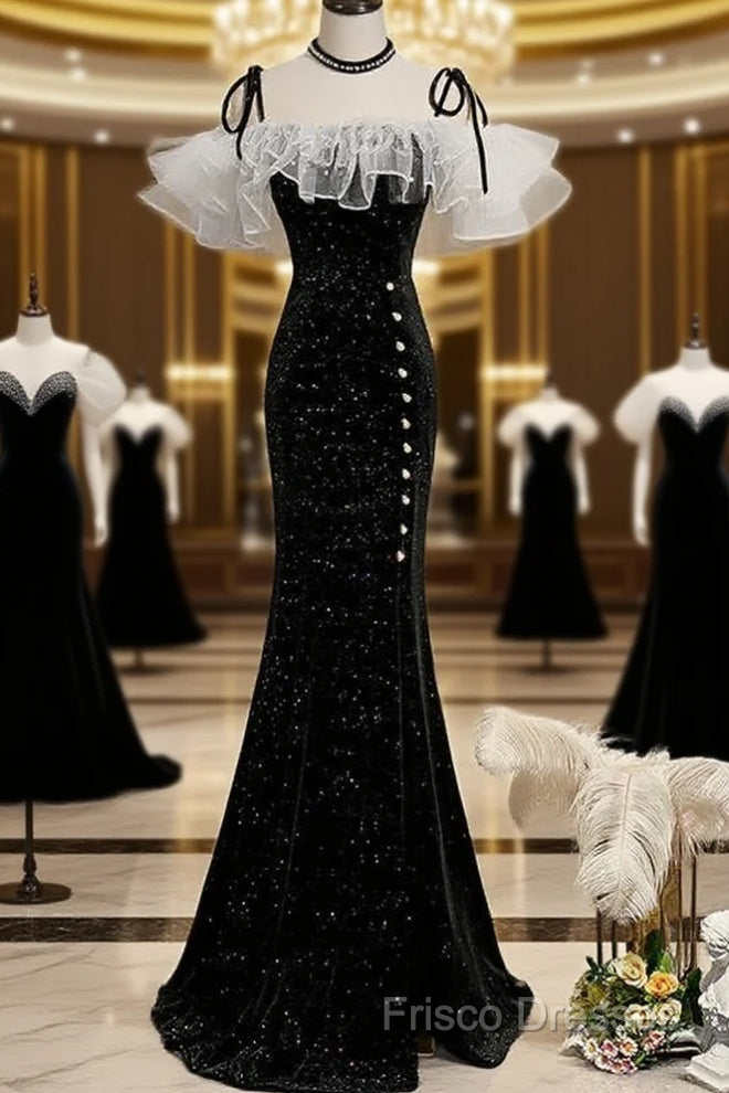 Black Off Shoulder Mermaid Long Formal Dress, Black Wedding Party Dress Main image