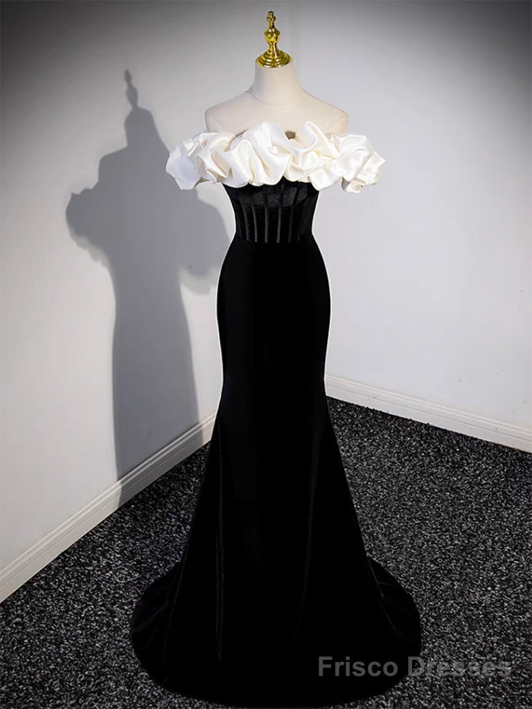 Black Off Shoulder Mermaid Long Prom Dress, Black Long Formal Dress Main image