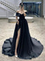 Black Off Shoulder Satin A-Line Long Forml Dress, Black Wedding Party Dress
