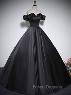 Black Off Shoulder Satin Long Formal Prom Dress, Black Satin Evening Dress