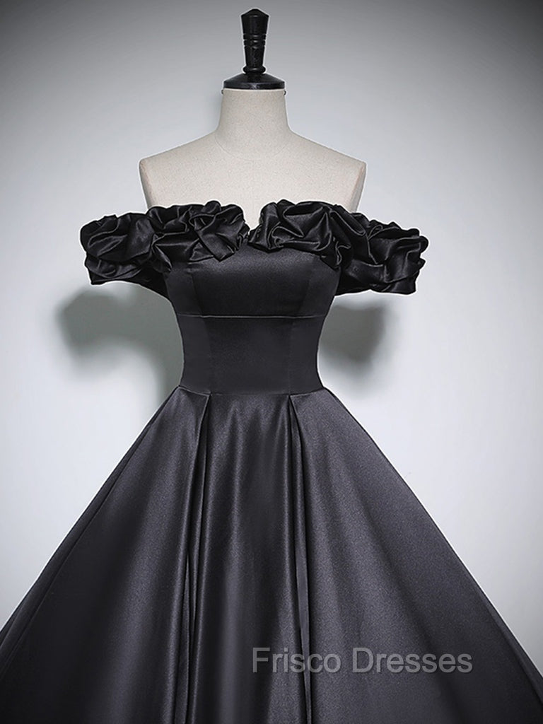 Black Off Shoulder Satin Long Formal Prom Dress, Black Satin Evening Dress
