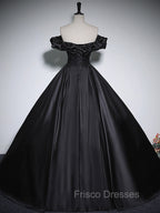 Black Off Shoulder Satin Long Formal Prom Dress, Black Satin Evening Dress