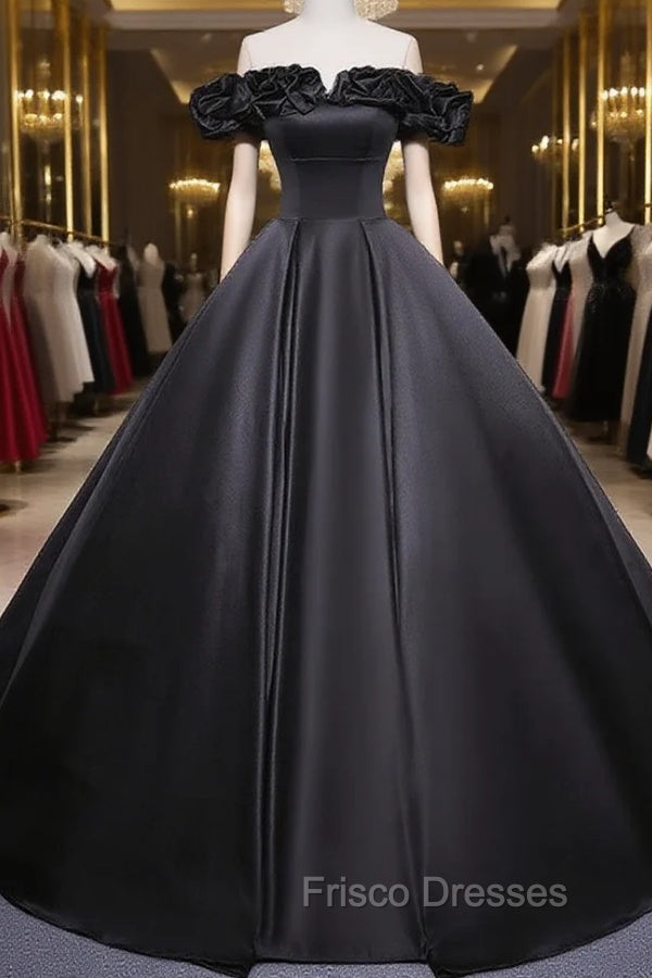 Black Off Shoulder Satin Long Formal Prom Dress, Black Satin Evening Dress Main image