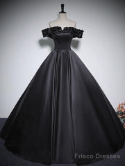 Black Off Shoulder Satin Long Prom Dress, Black Satin Evening Dress
