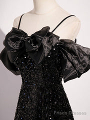 Black Off Shoulder Sequin Long Prom Dress Evening Dress With Bow Knot