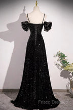 Black Off Shoulder Sequin Long Formal Prom Dress Formal Dress With Bow Knot