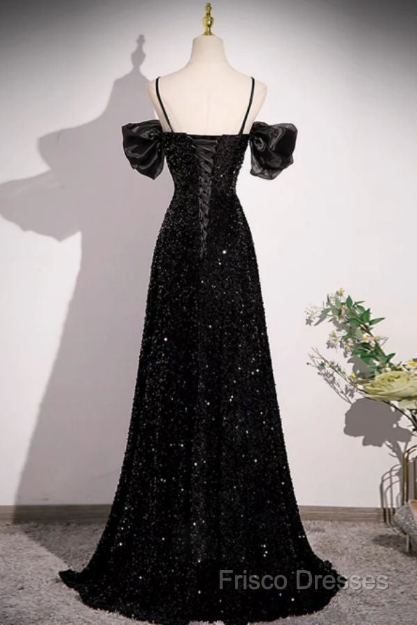 Black Off Shoulder Sequin Long Formal Prom Dress Formal Dress With Bow Knot