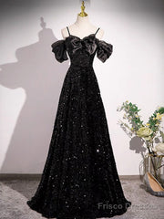 Black Off Shoulder Sequin Long Prom Dress Evening Dress With Bow Knot