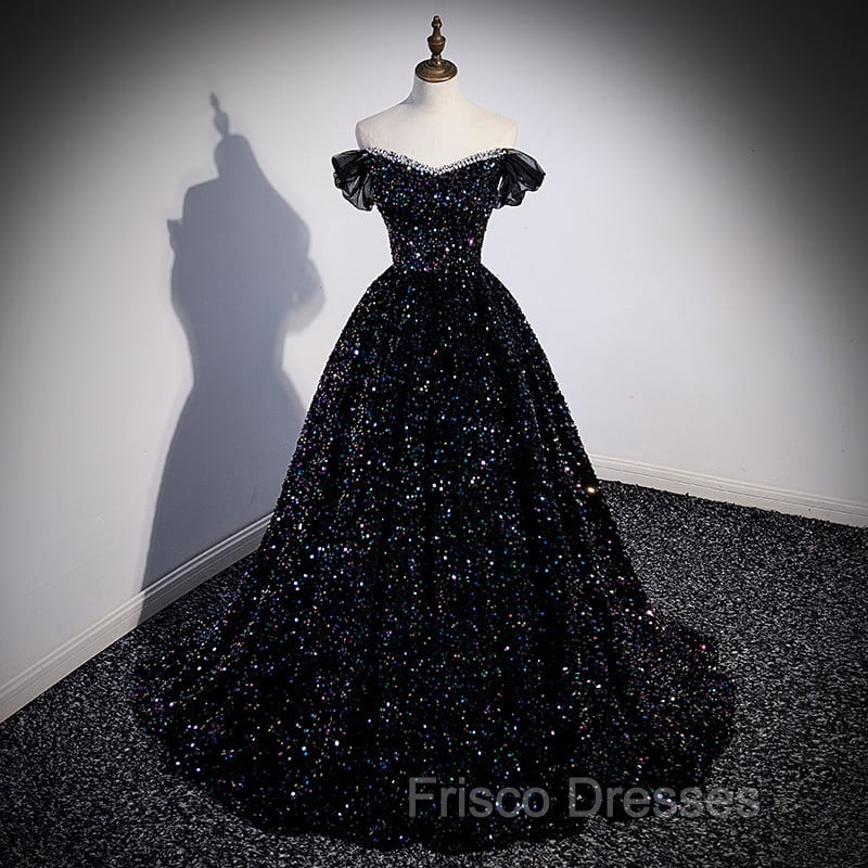 Black Off Shoulder Shiny Beaded Long Formal Prom Dress A-line Black Evening Dress Formal Prom Dress shops Secondary image