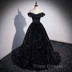 Black Off Shoulder Shiny Beaded Long Formal Prom Dress A-line Black Evening Dress Formal Prom Dress shops