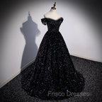 Black Off Shoulder Shiny Beaded Long Formal Prom Dress A-line Black Evening Dress Formal Prom Dress shops