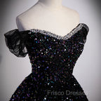 Black Off Shoulder Shiny Beaded Long Formal Prom Dress A-line Black Evening Dress Formal Prom Dress shops