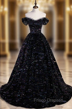 Black Off Shoulder Shiny Beaded Long Formal Prom Dress A-line Black Evening Dress Formal Prom Dress shops