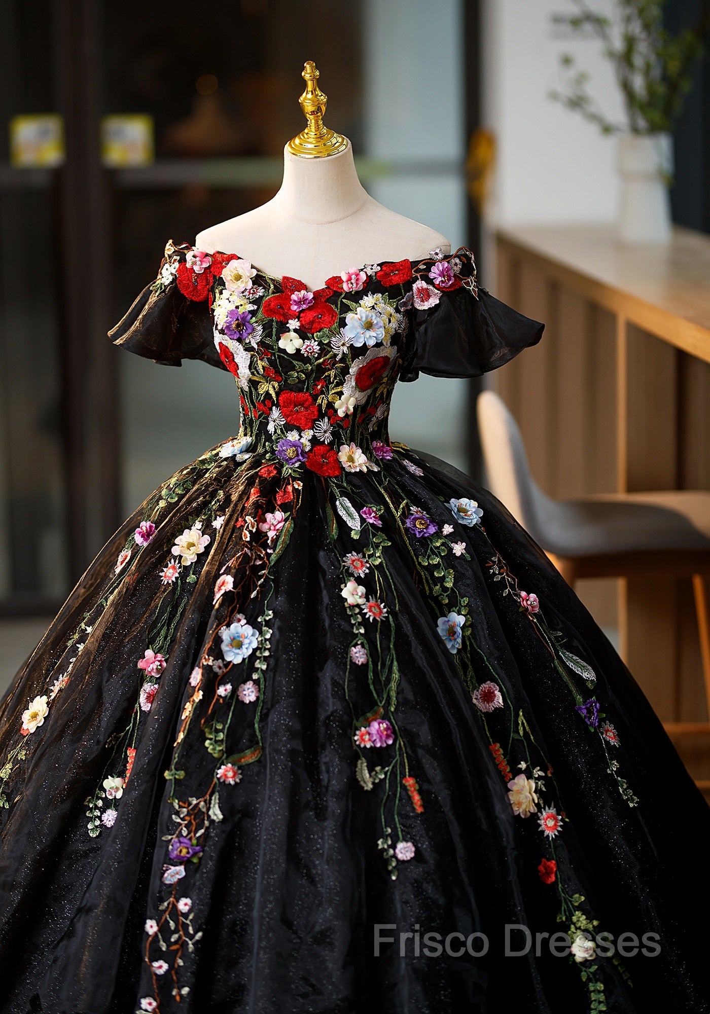 Black Off Shoulder Sweet 16 Dress With Flowers, Black Ball Gown Formal Dress