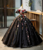 Black Off Shoulder Sweet 16 Dress With Flowers, Black Ball Gown Formal Dress