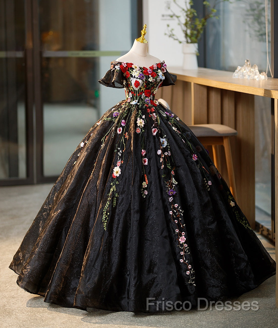 Black Off Shoulder Sweet 16 Dress With Flowers, Black Ball Gown Formal Dress